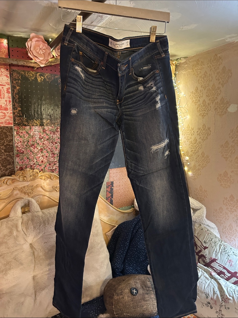 Abercrombie & Fitch Dark Blue Distressed Straight Leg Jeans
